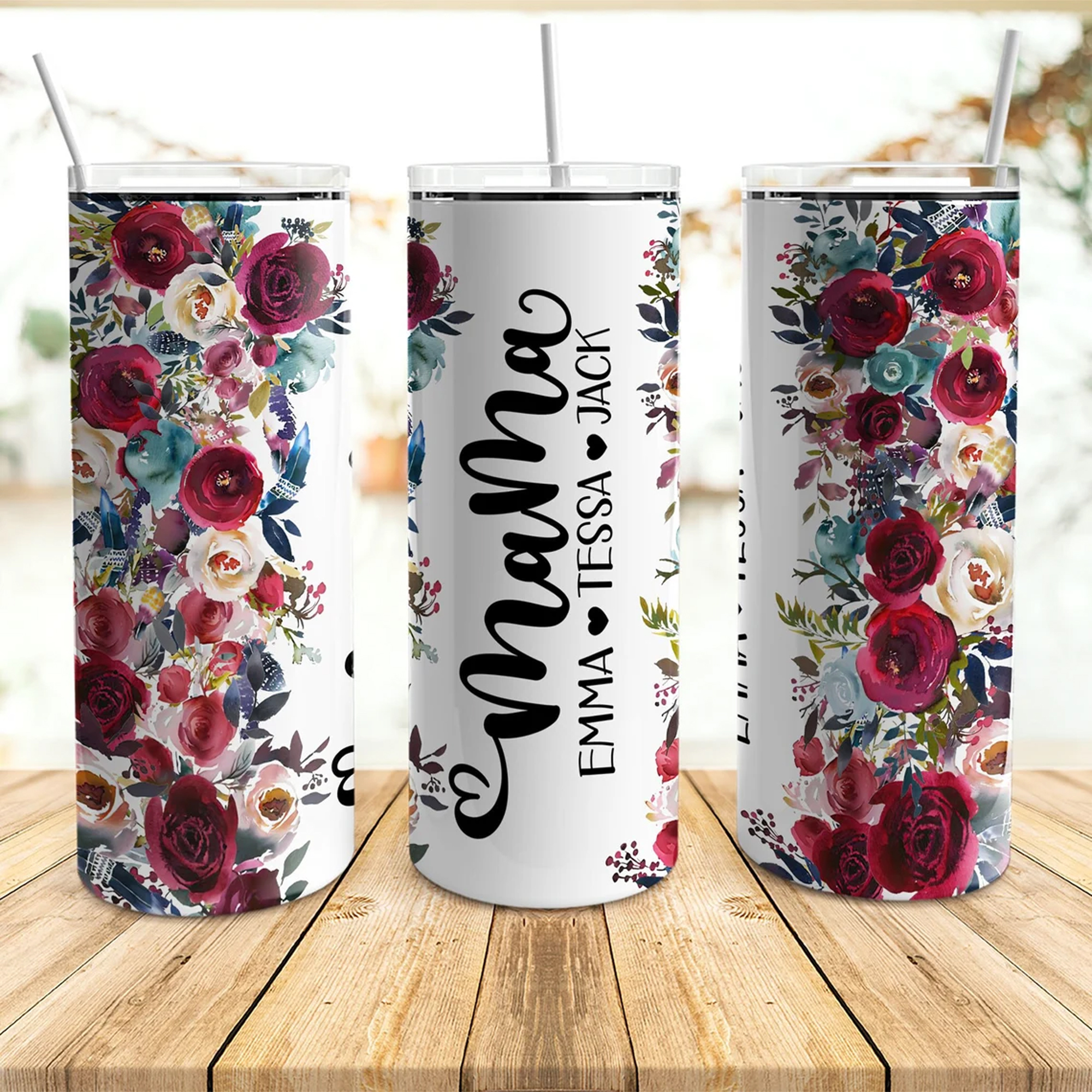 Personalized Floral Mama Tumbler Custom Mom Tumbler With Kids Names Mama Skinny Tumbler Mama Cup Mothers Day Gift Mama Gift